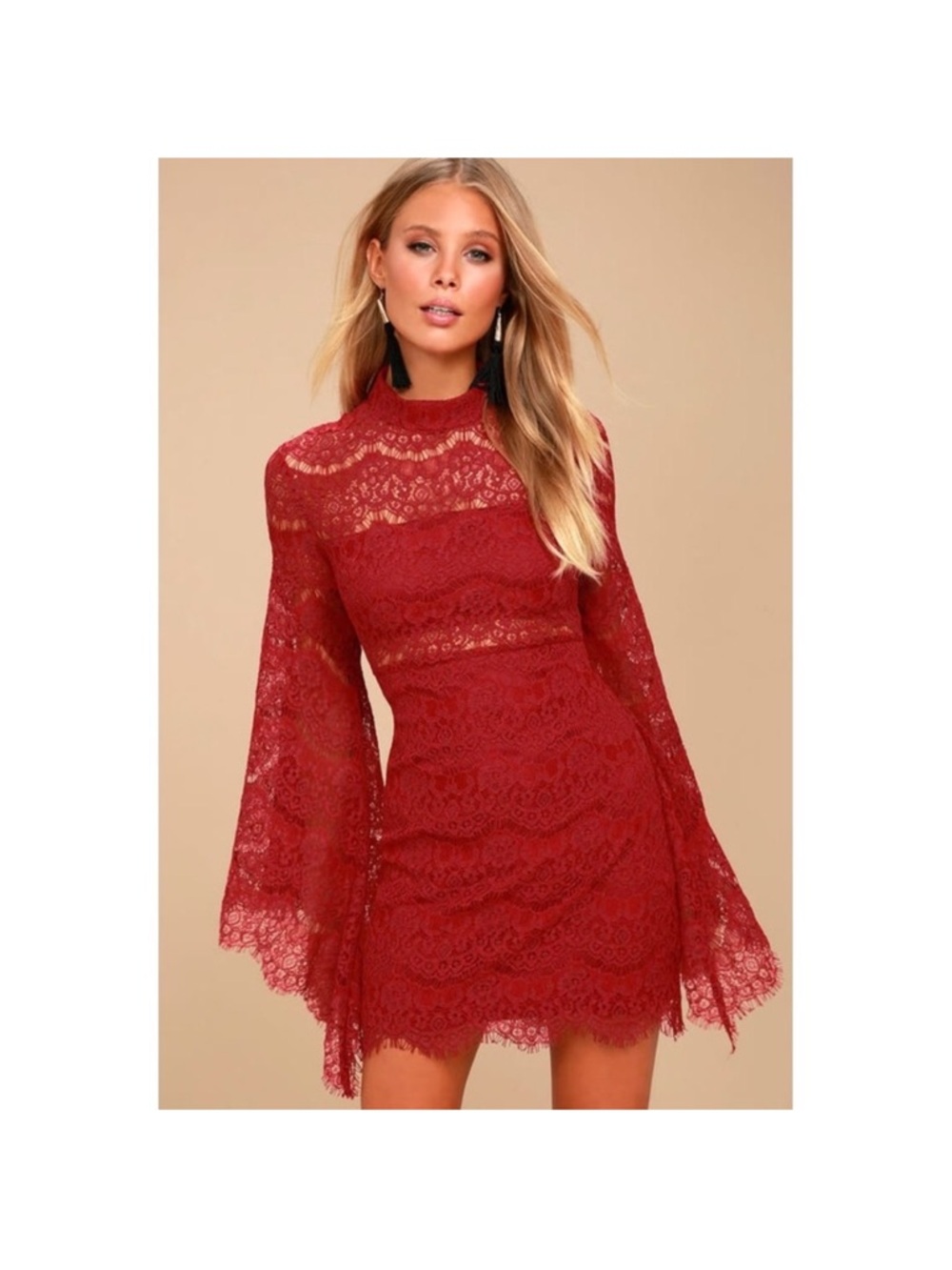 Lulu's Burgundy Lace High-Neck Mini Dress with Bell Sleeves